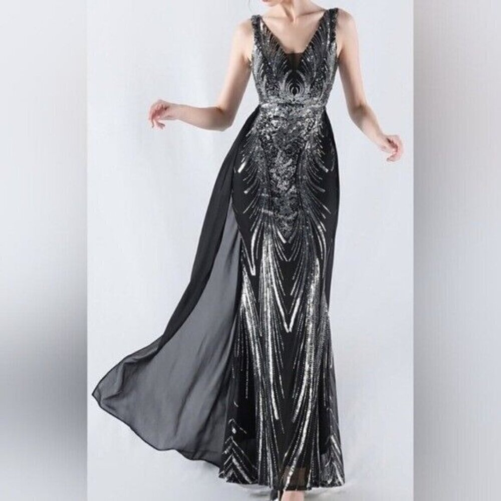 Black, Draped Skirt, Beaded Back,  V Neck,  Sleeveless, Sequined Mermaid… - Picture 10 of 12